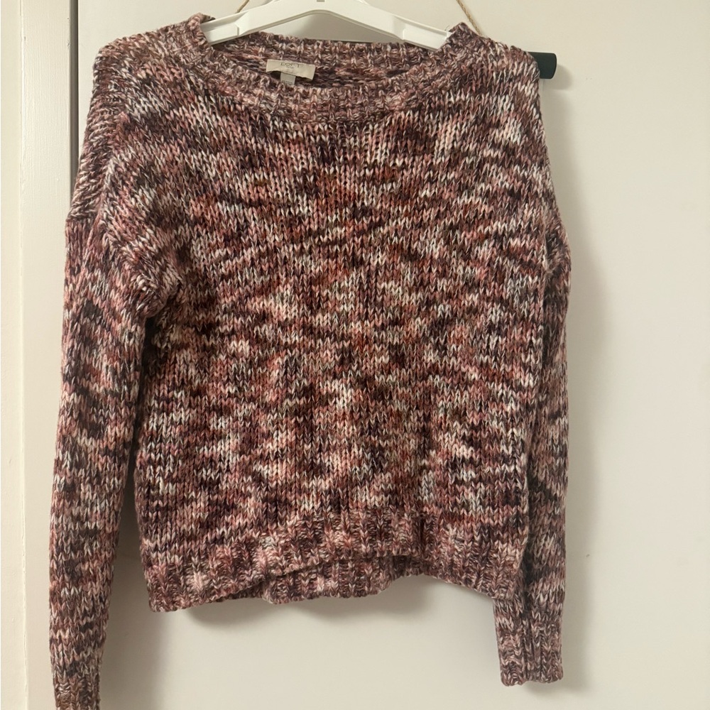 LOFT Red and Brown Crew Neck Sweater with Chunky Knit